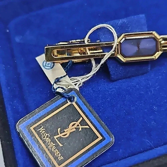 Yves Saint Laurent Gold Tone and Blue Tie Bar New in Box with Tags - Picture 4 of 6